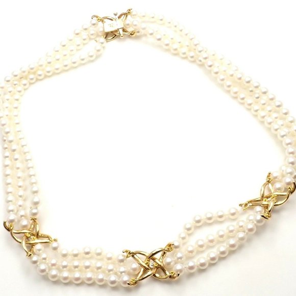 Authentic! Tiffany & Co 18k Yellow Gold Diamond 3 Strand Pearl Necklace - Picture 8 of 10